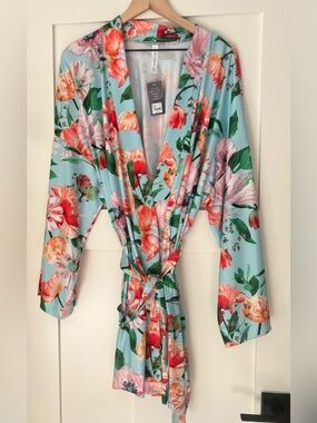 NWT Cacique Lane Bryant Floral Satin Kimono Robe 22/24 Aqua Coral Plus Size